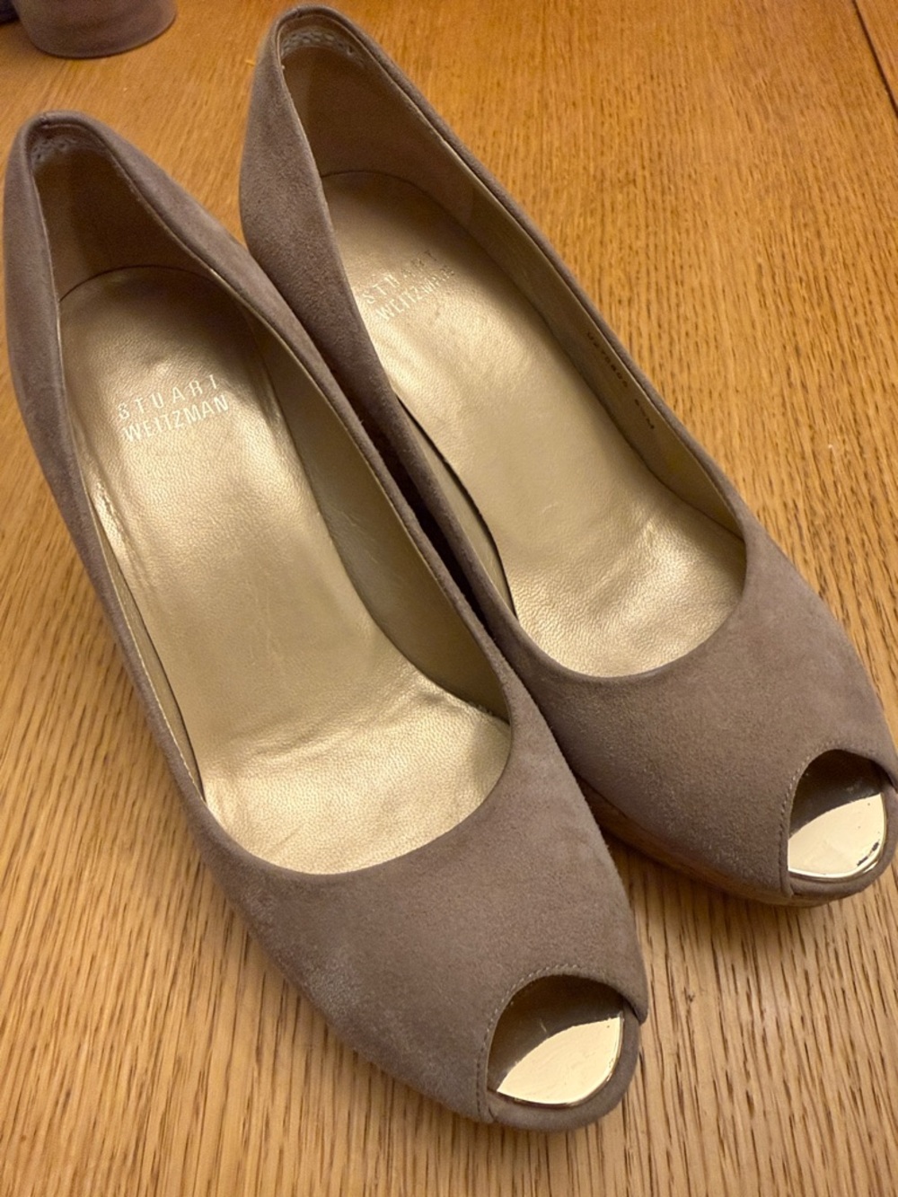 Stuart Weitzman Taupe Suede Peep-Toe Heels